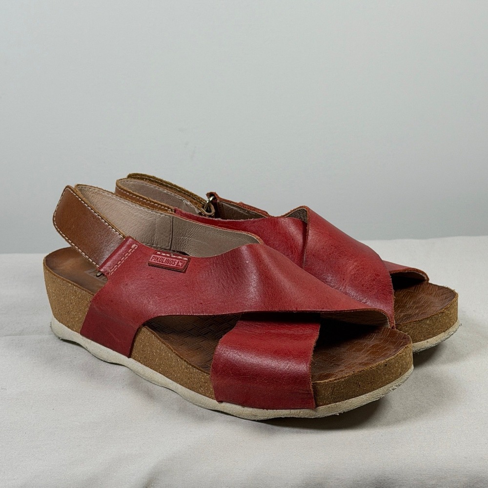 Pikolinos Mahon Red Leather Cross Strap Wedge Sandals Womens Size 36 EU 6 US